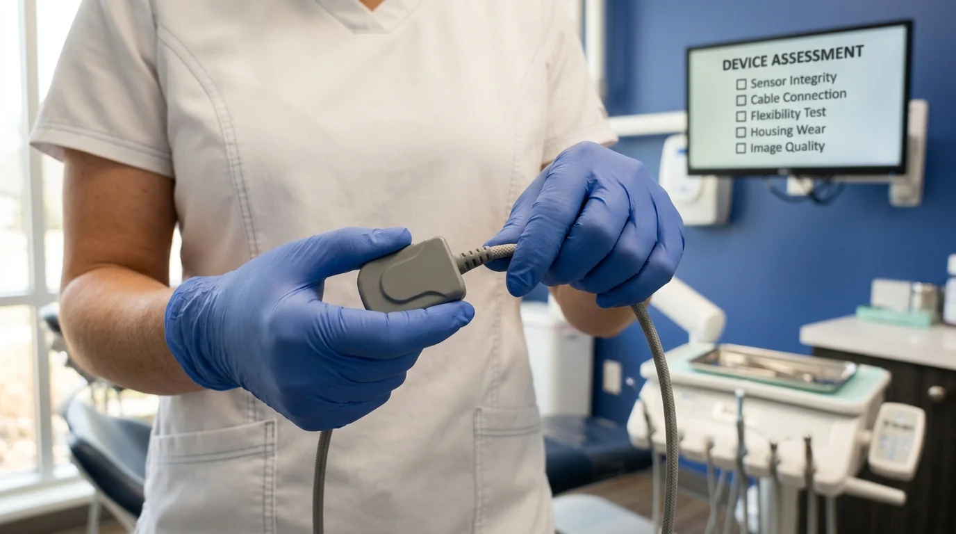 Clinician assessing a digital sensor for a procurement checklist from a unicorn denmart dental equipment supplier.