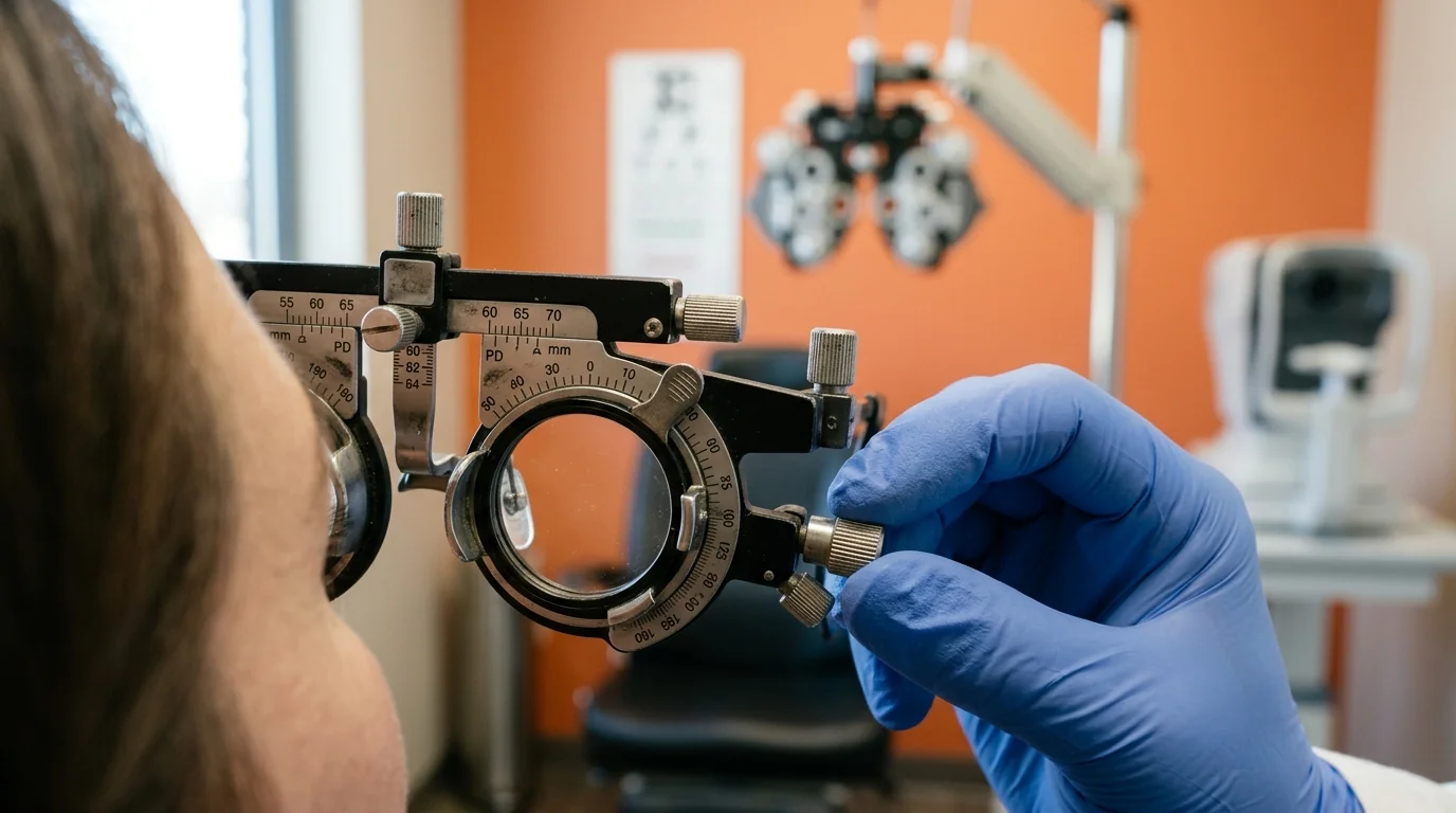 Close-up of precision adjustment knobs and lens holder components on a professional trial frame.