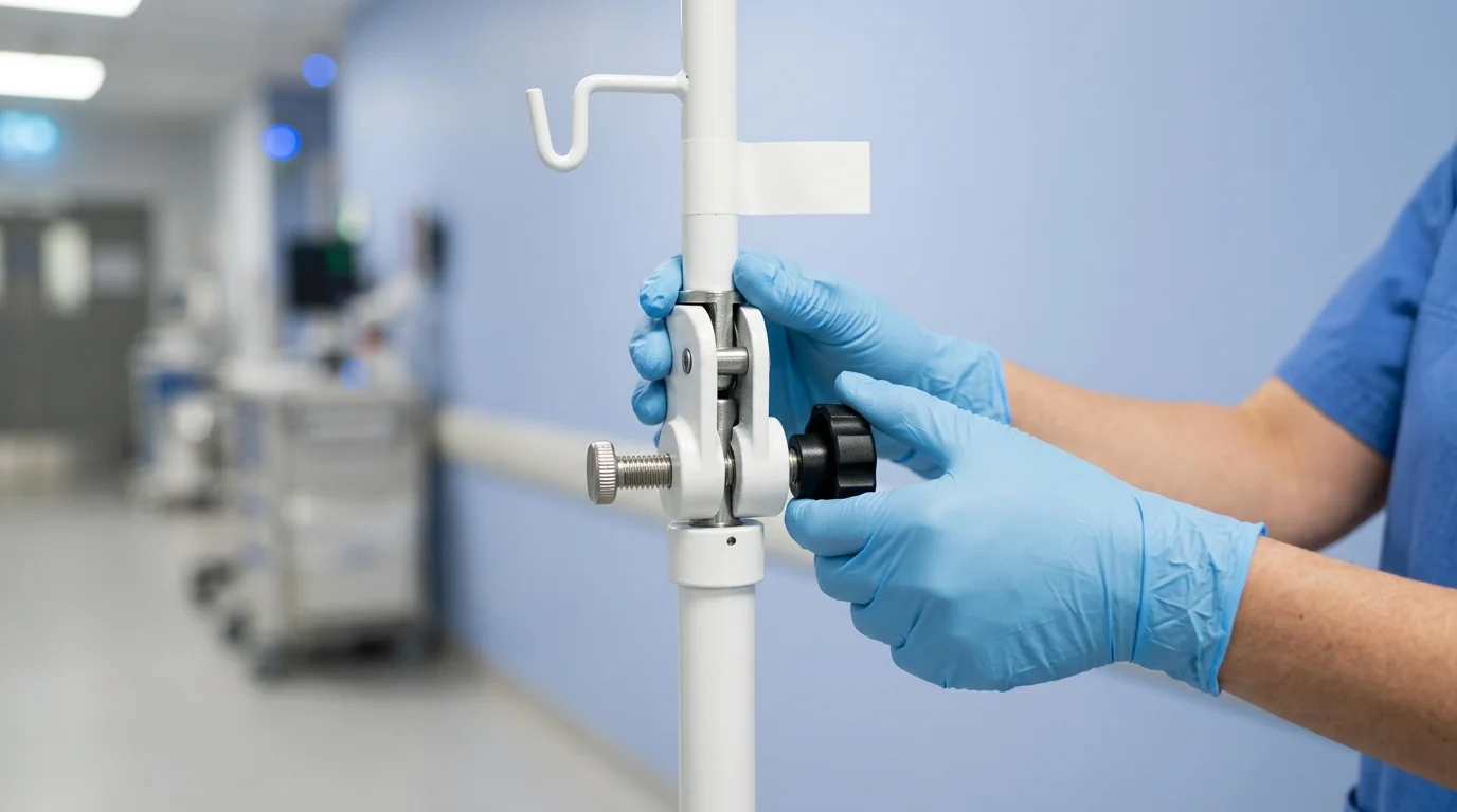 Close-up of clinical staff inspecting a white medical IV stand for hospital procurement.