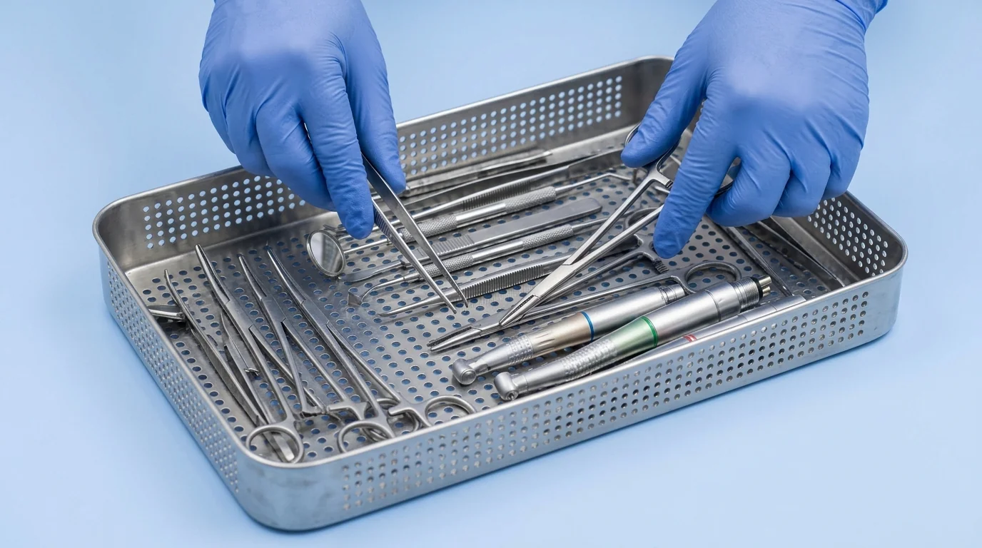 Gloved hands organizing dental instruments on a tray to assess workload for a Class B autoclave.