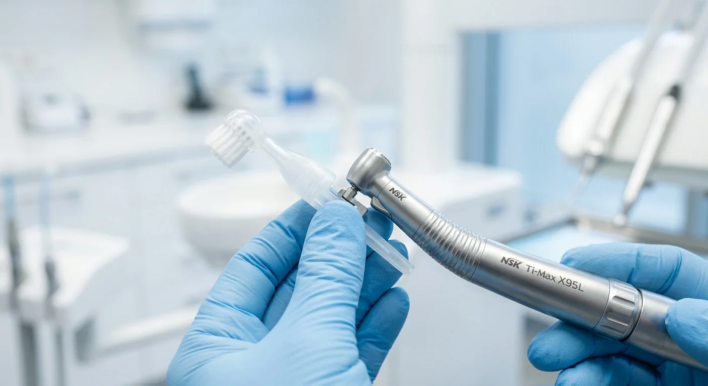 Macro close-up of a sterile disposable prophylaxis brush highlighting infection control and hygiene standards.