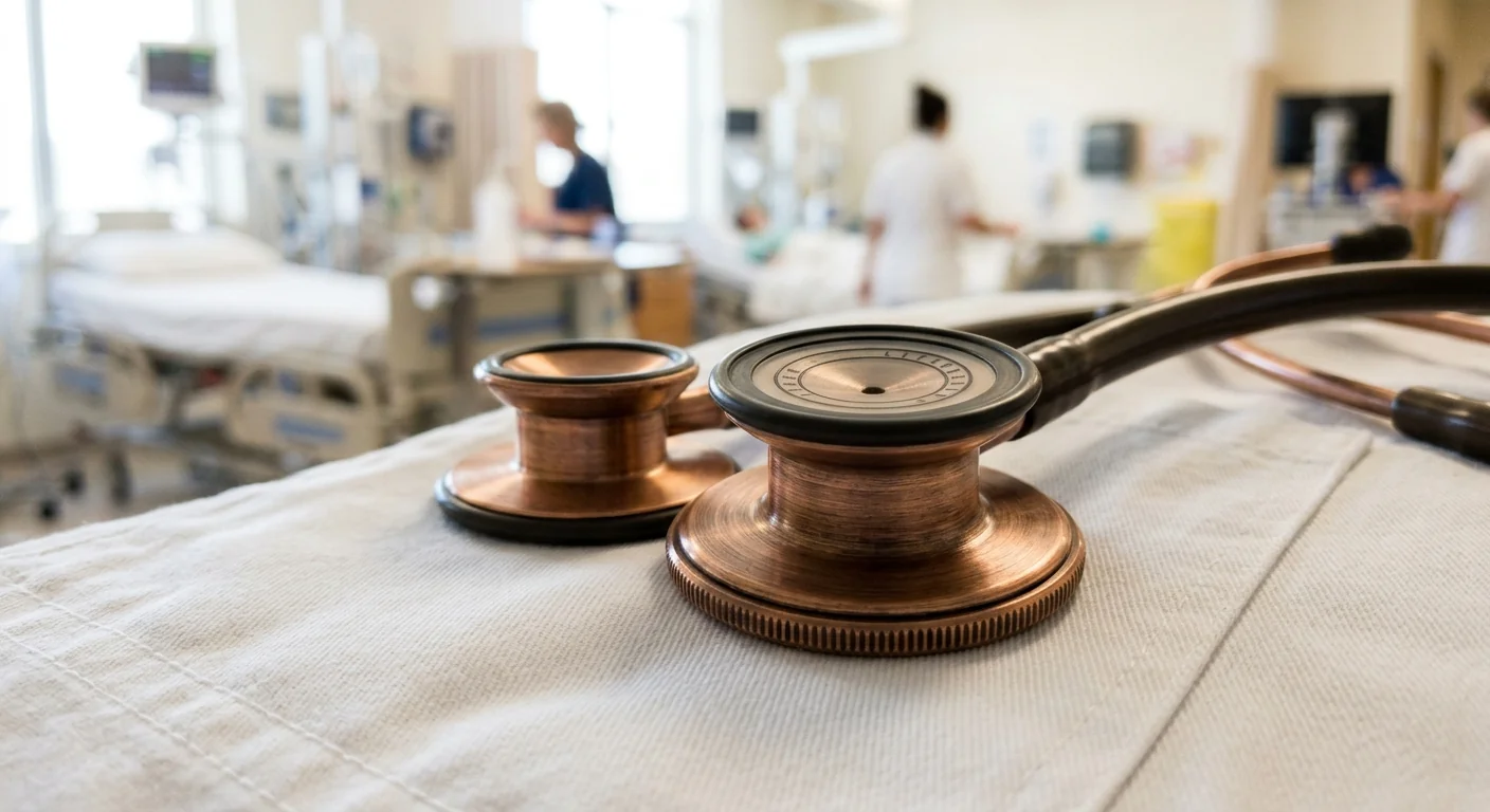 Close-up of a copper chestpiece on a white coat for general diagnostics monitoring stethoscope applications.