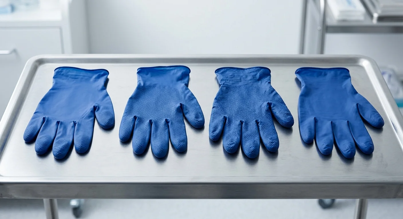 Detailed side-by-side comparison of bulk nitrile examination gloves on a sterile medical surface.