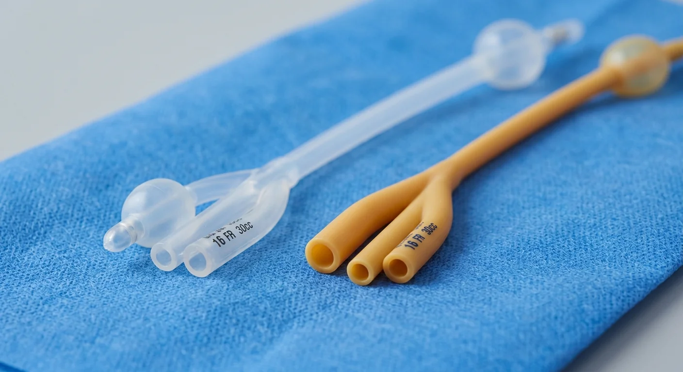 Comparison between silicone and latex foley catheters showing material differences for medical supply decision making.
