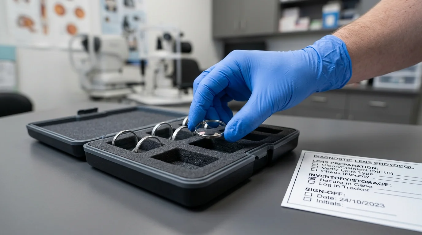 Gloved clinician handling a diagnostic ophthalmic lens during a clinical equipment needs assessment.