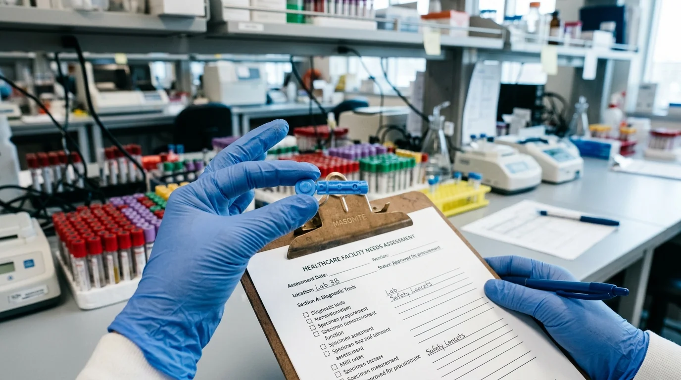 A clinician evaluating technical specifications of a disposable safety lancet during a medical facility needs assessment.