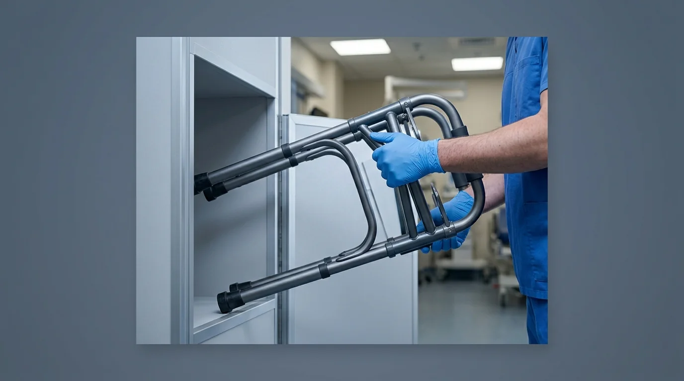 Procurement evaluation of a foldable ergonomic walker for high-turnover orthopaedic ward storage efficiency.