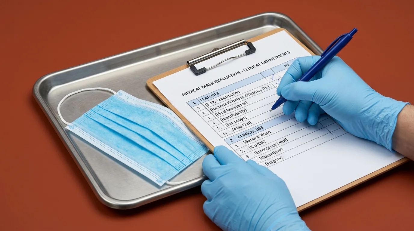 Clinical professional evaluating 3-ply face mask specifications for facility needs assessment before buying in bulk.