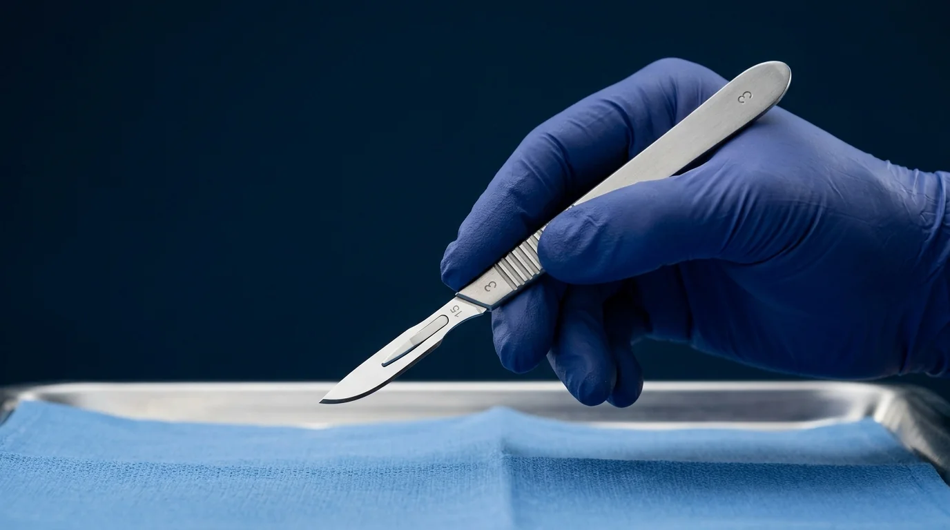 Close-up of a surgical scalpel representing cutting and dissecting instruments used by OT teams.