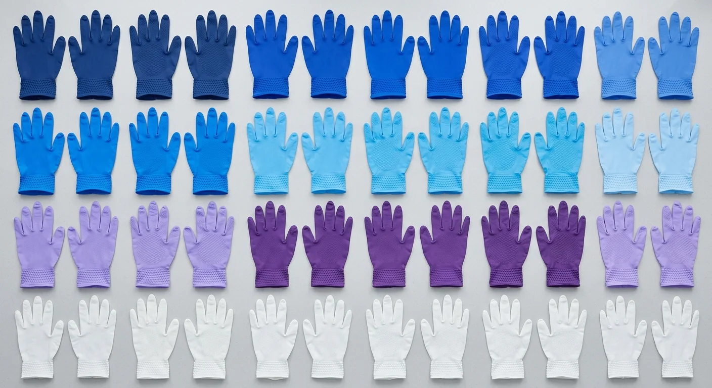 A comparison of different colored disposable nitrile gloves in various sizes for medical and laboratory use.