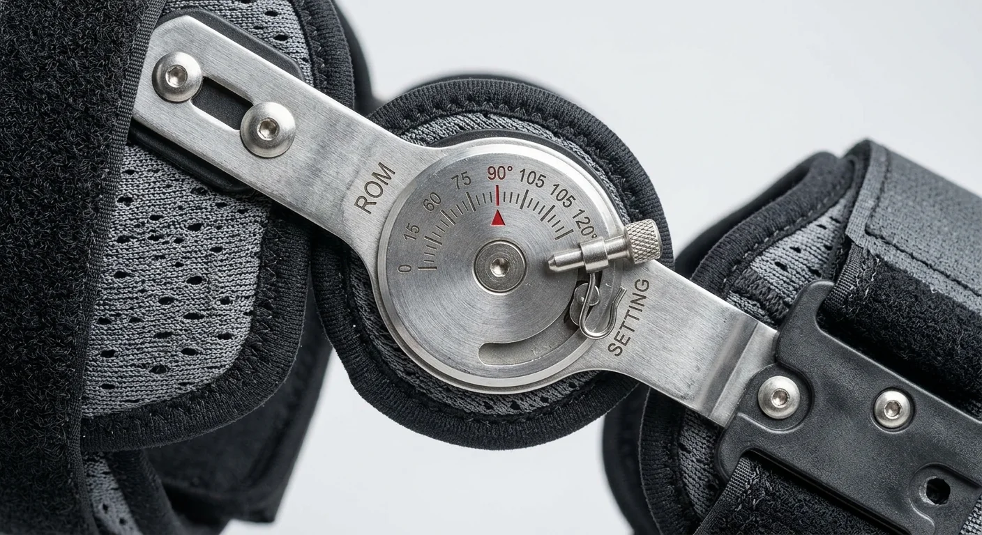 Close-up of a rom knee brace hinge mechanism used for post-operative ligamentous and meniscal recovery.