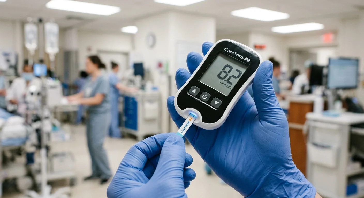 Medical professional inserting a test strip into a glucometer in a high-volume clinical ward environment.