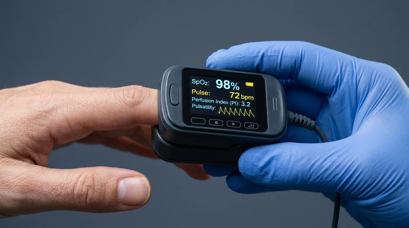 Close-up of a pulse oximeter display showing SpO2, pulse rate, and perfusion index oximeter readings.