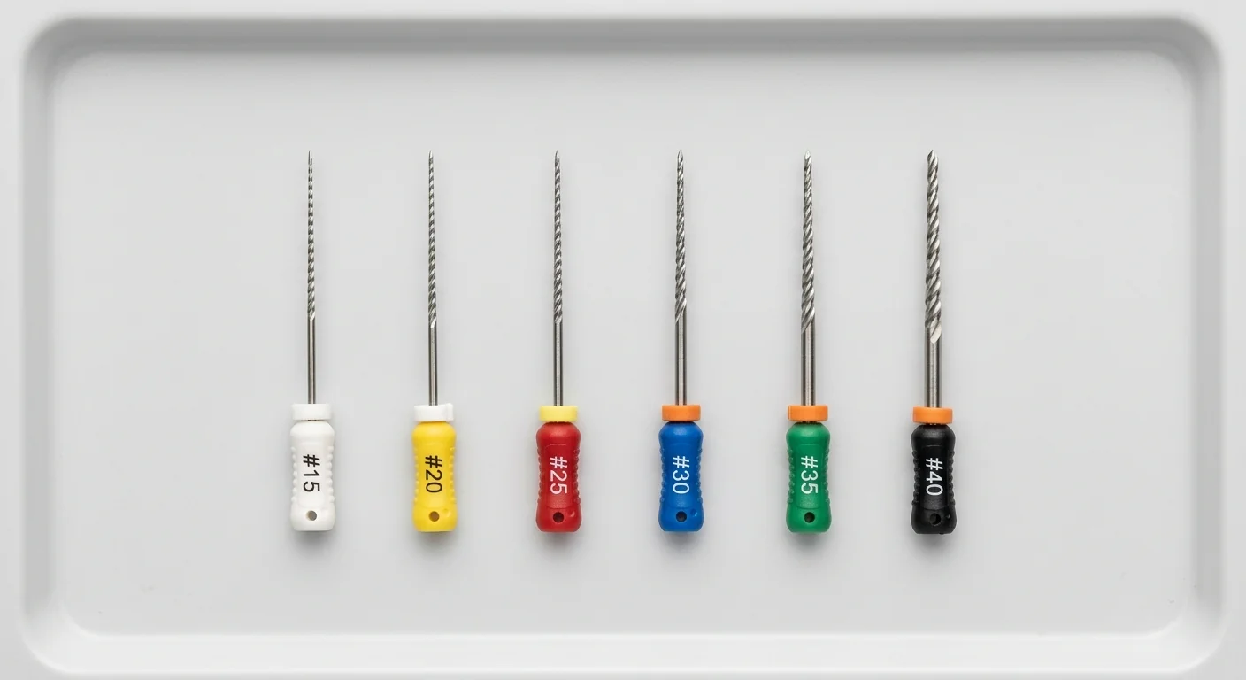 Comparison of color-coded Mani dental instruments 25mm size variants for endodontic inventory management.