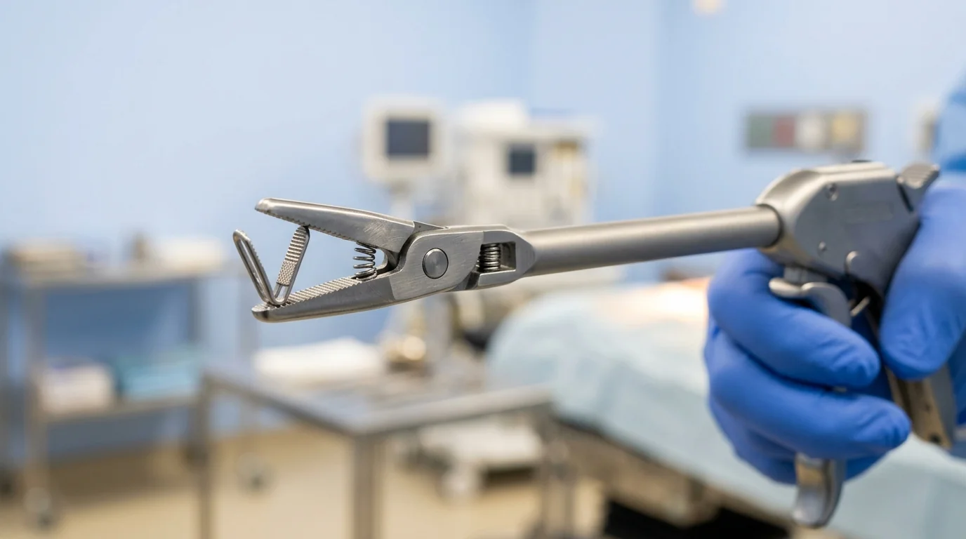 A surgical clip applier holding a V-shaped ligation clip for mechanical vessel occlusion.