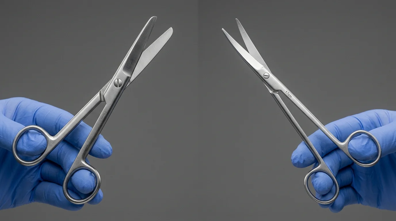 Close-up comparison of robust Mayo scissors versus delicate Metzenbaum scissors held by gloved hands.