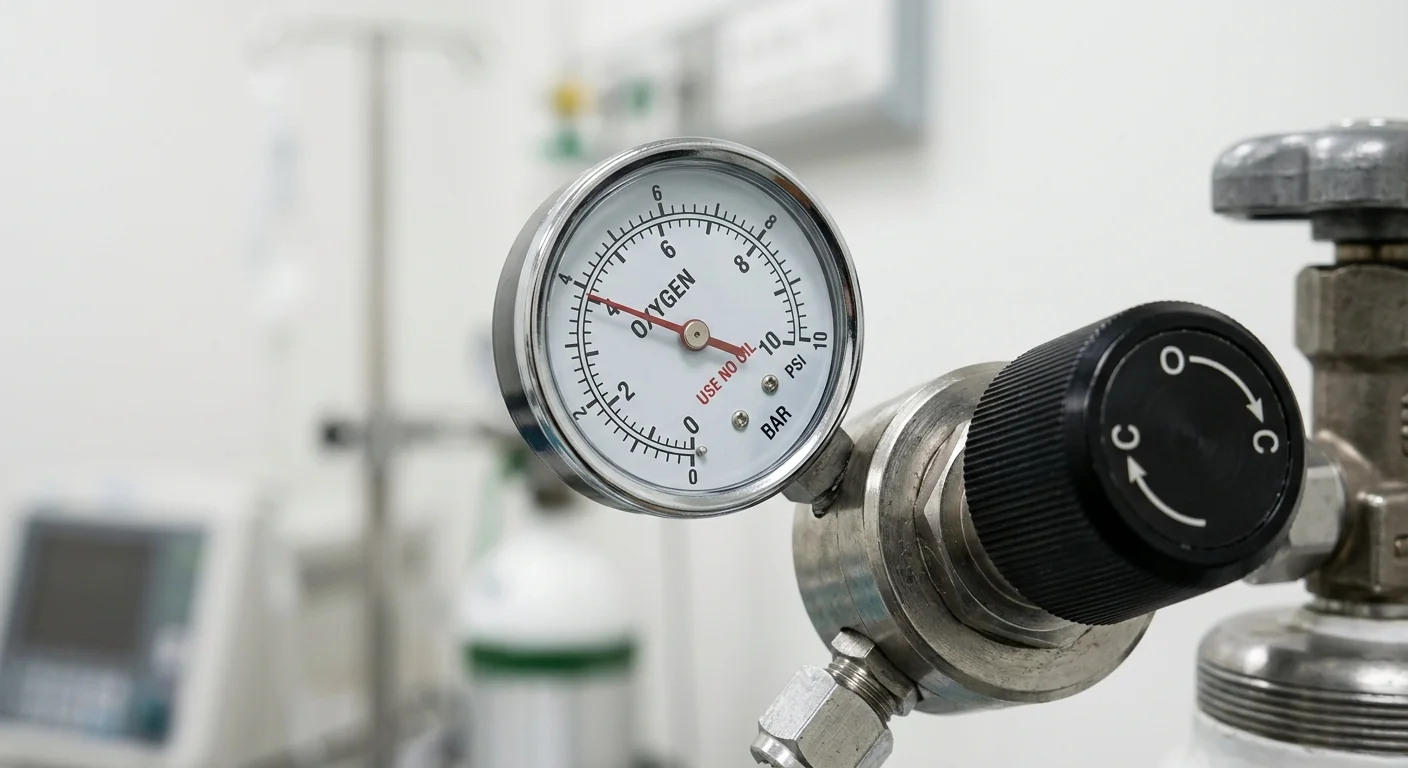 Oxygen regulator pressure gauge detail for medical facility equipment procurement and price assessment.