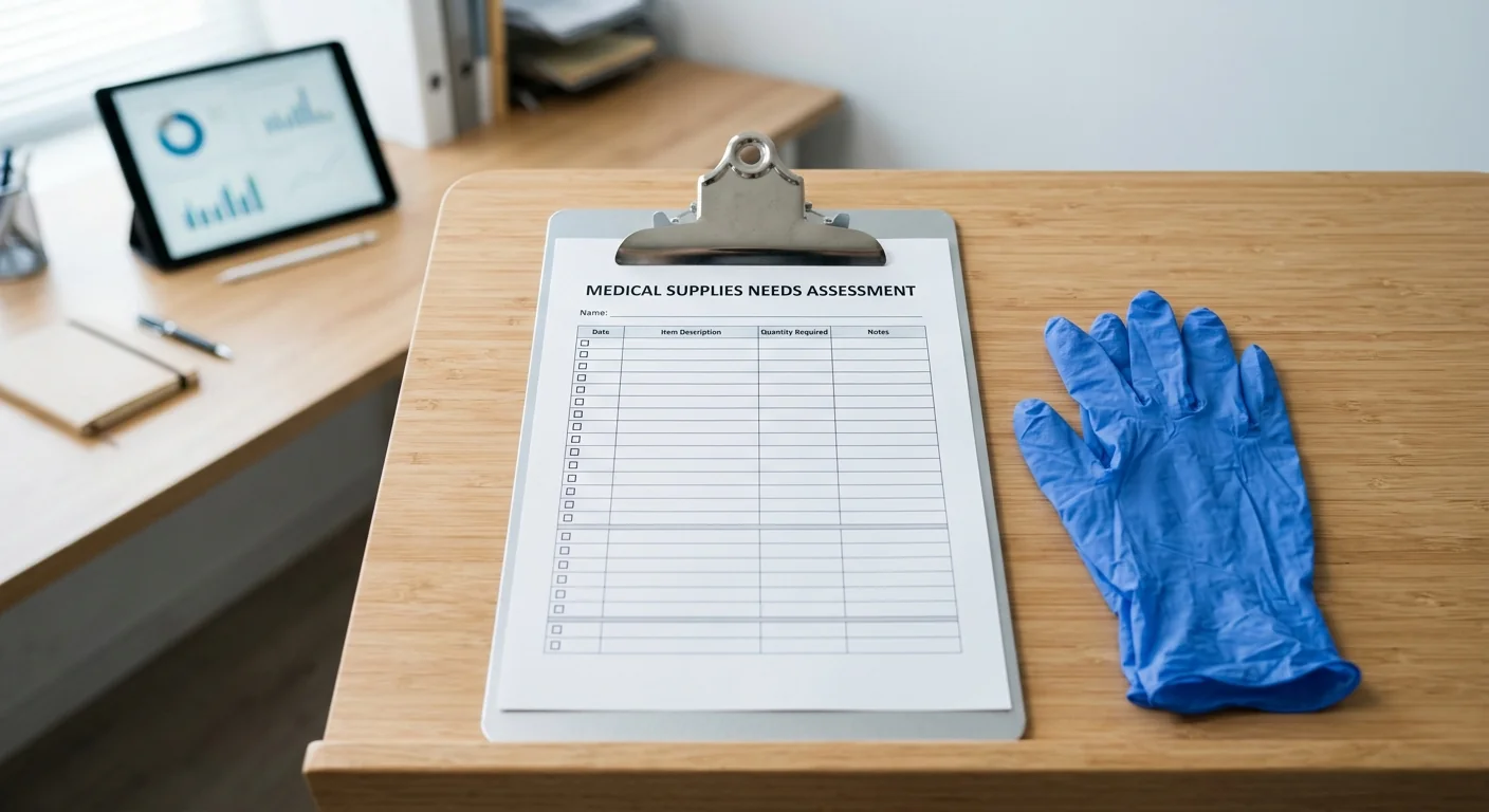 A procurement checklist and blue nitrile gloves on a desk for medical supply needs assessment.
