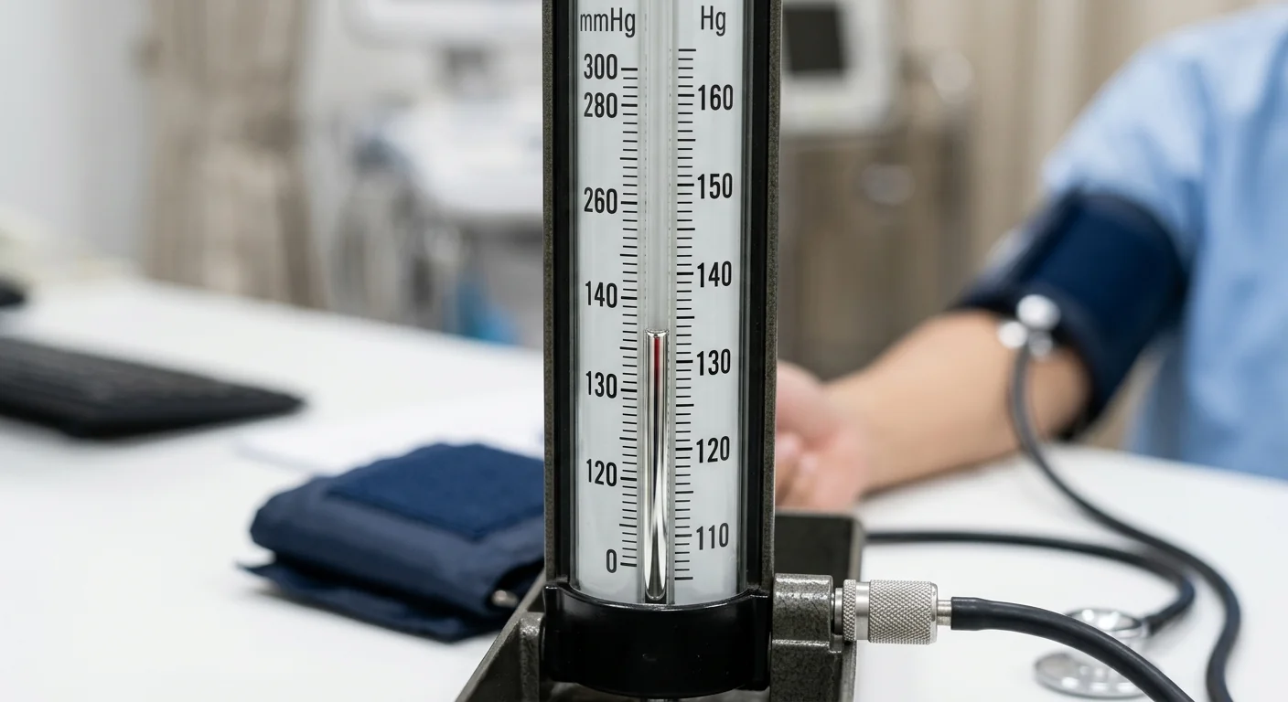 Close-up of a manual sphygmomanometer scale showing the precise measurement of a mercurial blood pressure monitor.