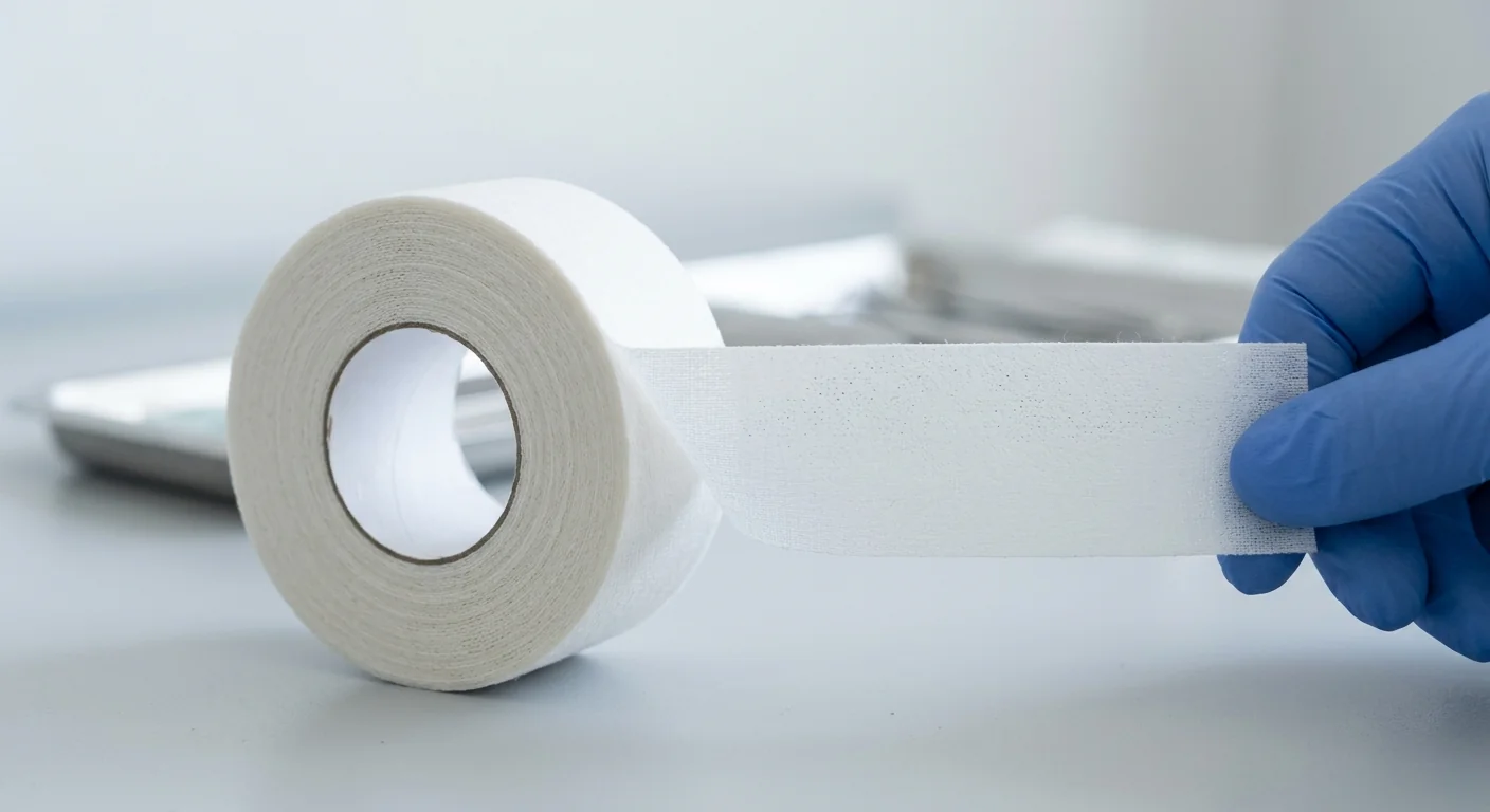 Close-up of 3cm wide microporous surgical tape showing broad surface area and breathable texture.