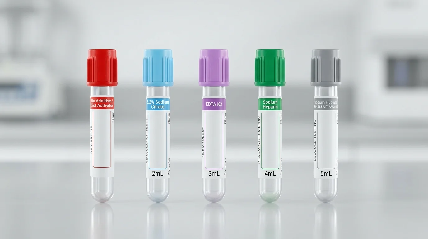Comparison of five different non-vacuum blood collection tubes with color-coded caps for lab diagnostics.