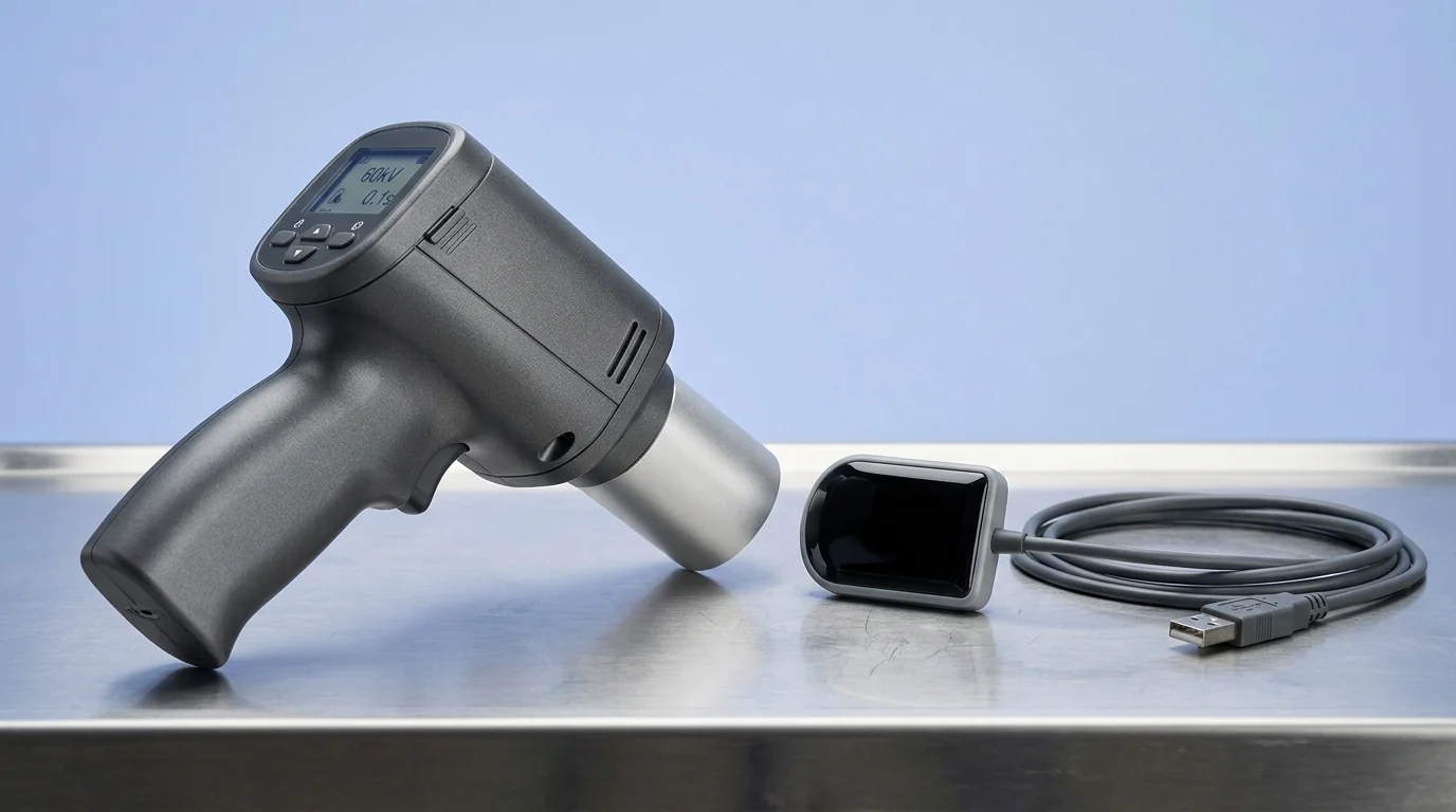 Detailed view of a portable dental X-ray unit and digital sensor for clinical diagnosis.