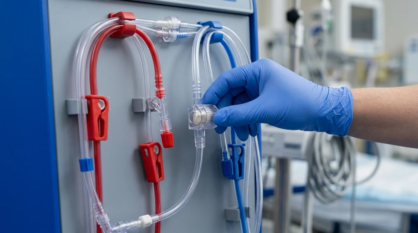 Close-up of arterial and venous components in a vital hemodialysis blood tubing set anatomy.