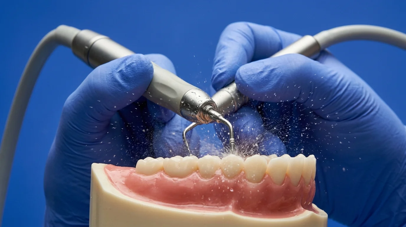 Macro view of an ultrasonic scaler tip with water mist demonstrating mechanical vibration and cavitation.