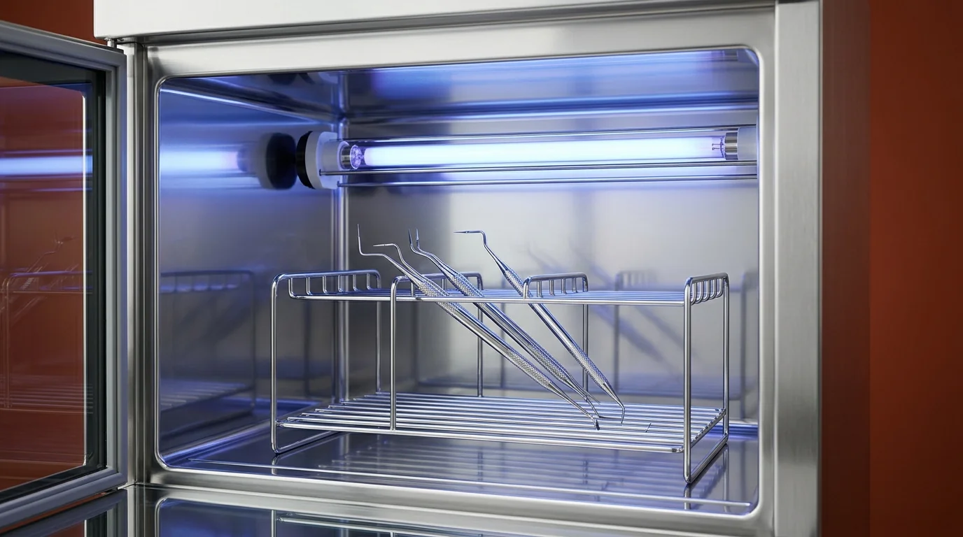 Close-up of a UVC germicidal lamp illuminating the interior of a dental UV storage chamber.