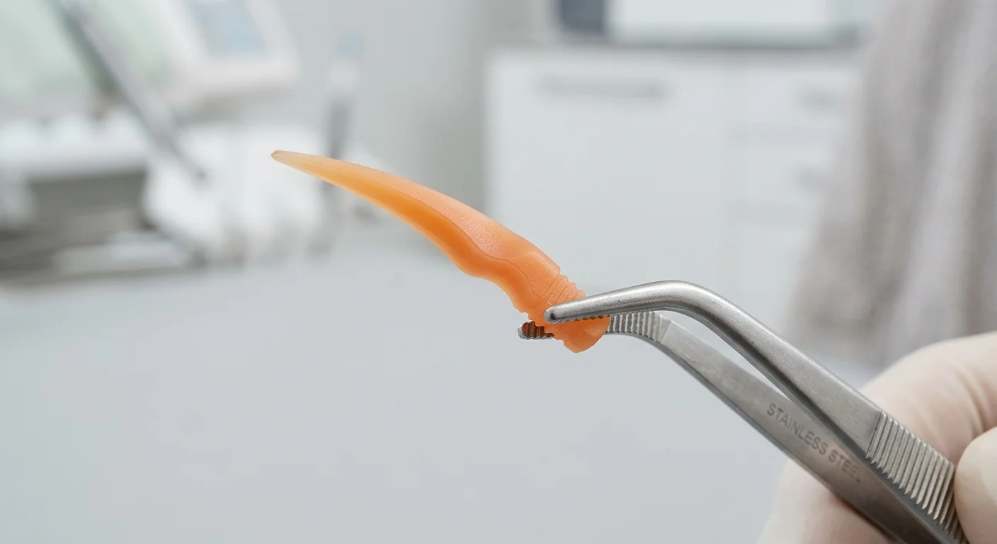Macro view of a plastic interdental wedge showing anatomical curvature and material quality for clinical assessment.