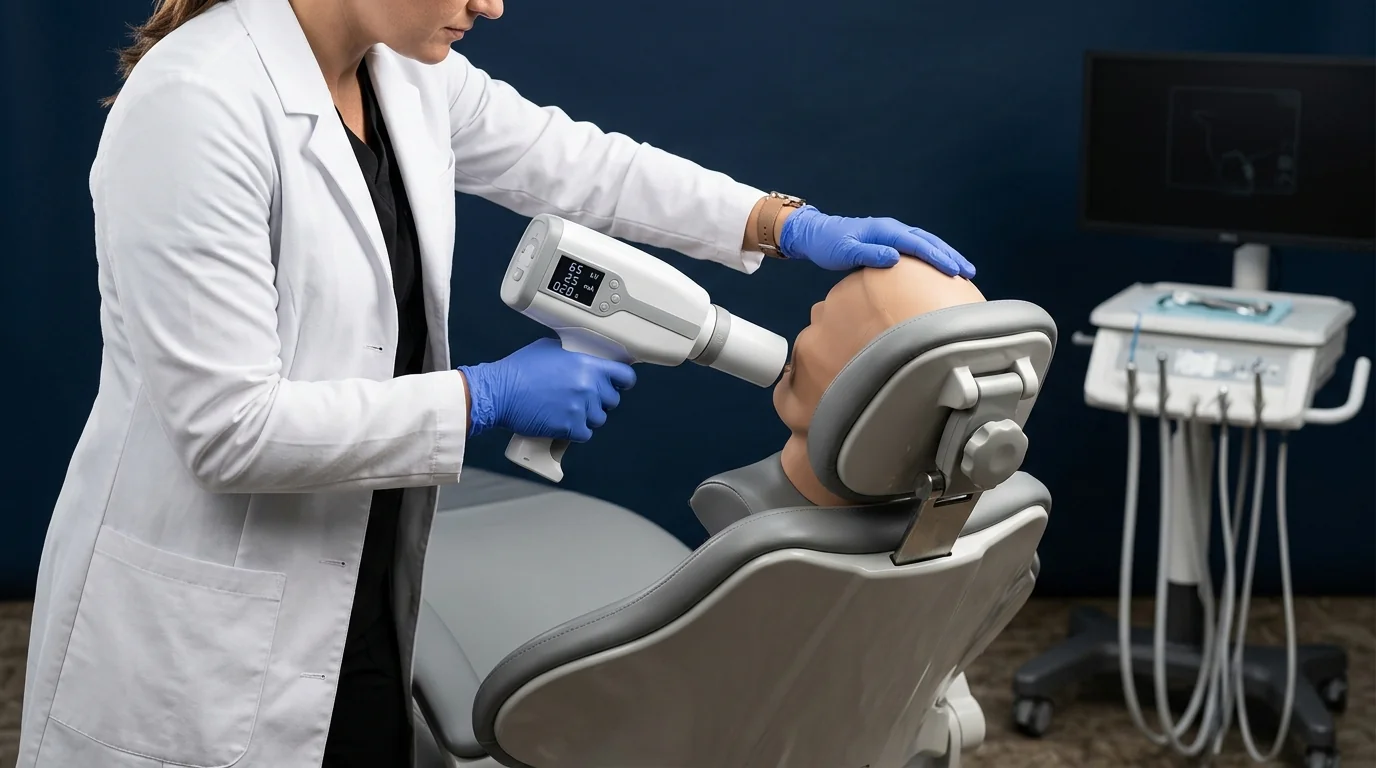 Handheld portable x ray device being positioned for intraoral radiography in a dental operatory setting.