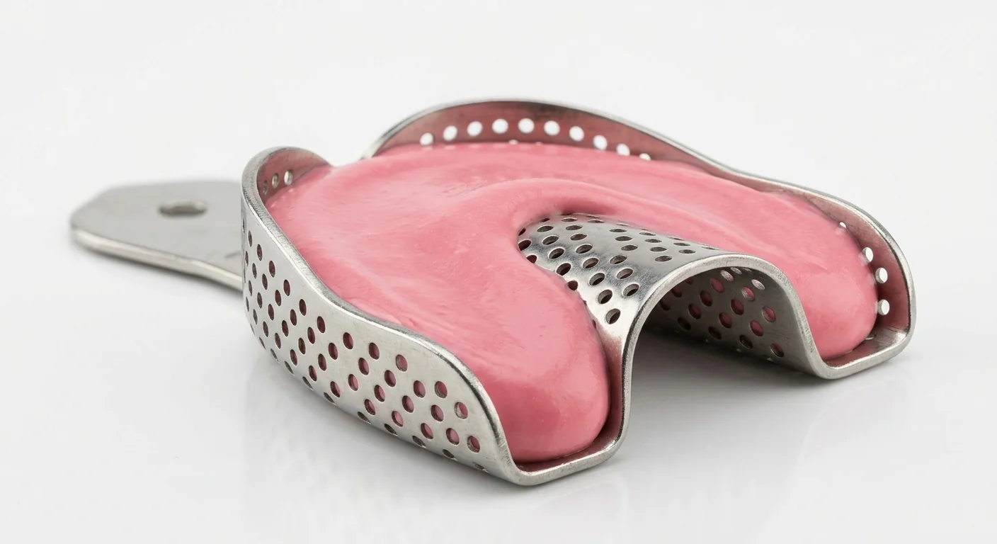 Consistent pink dental alginate impression material in a tray for high-volume clinical practice use.