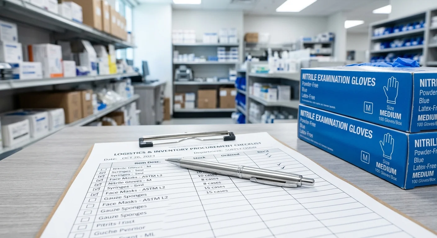 A medical procurement checklist beside stacked boxes of nitrile gloves for hospital inventory assessment.