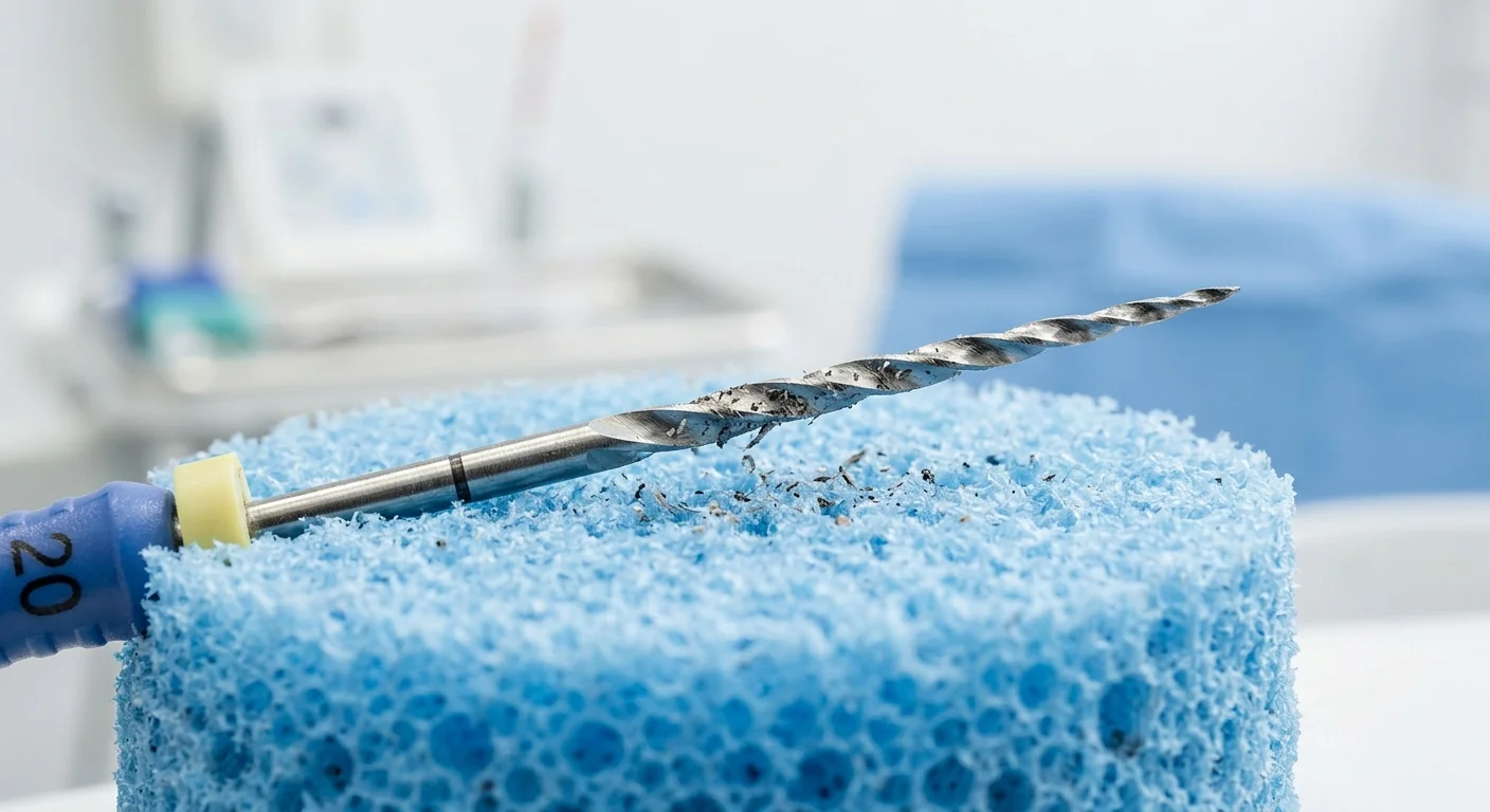 Macro view of a dental endodontic file cleaner removing debris from the file flutes.