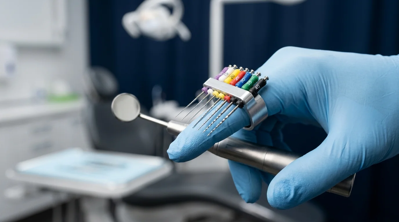 A clinician wearing a dental root canal instrument ring to improve workflow efficiency during therapy.