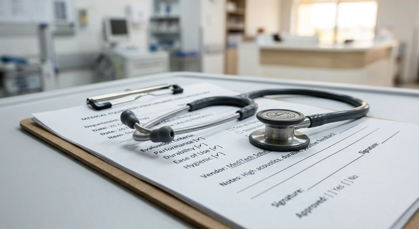A stethoscope on a procurement checklist for evaluating Dr. Morepen ST-01A stethoscope price and specs.