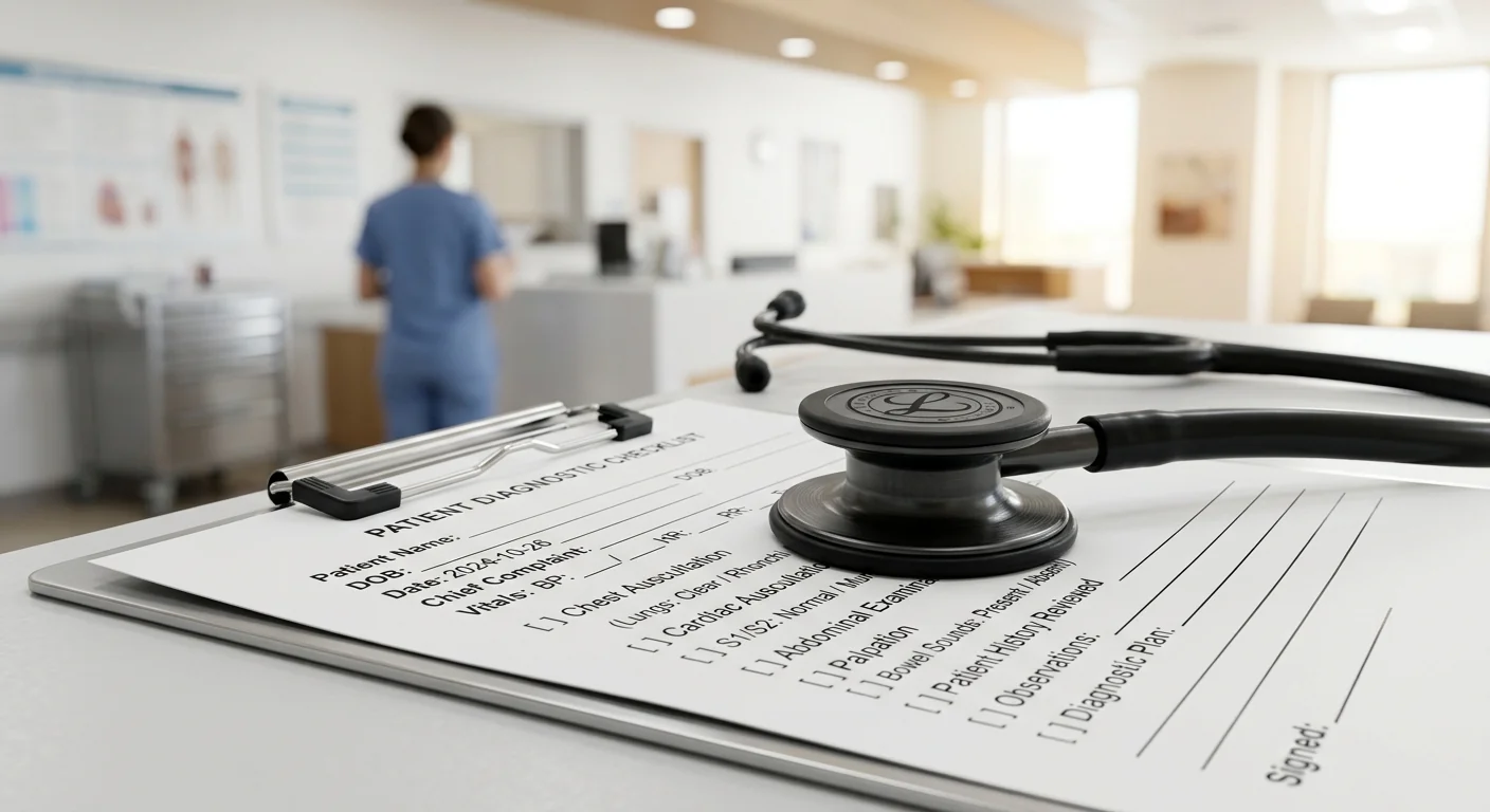 Adult black stethoscope on a medical checklist for hospital department needs assessment and procurement evaluation.