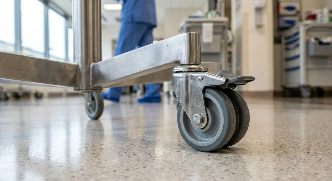 Detailed view of IV pole casters and base for hospital equipment needs assessment and pricing.