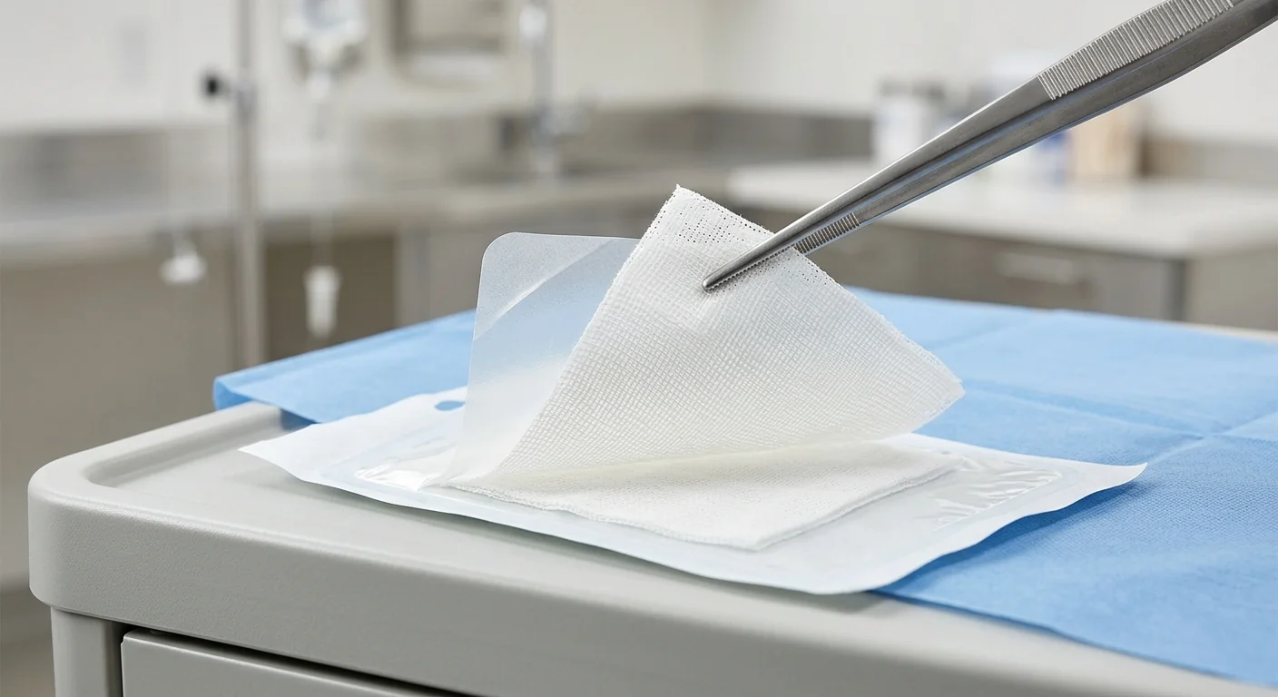 Quality antiseptic dressing held with forceps illustrating why hospitals buy Smith & Nephew Bactigras dressing.