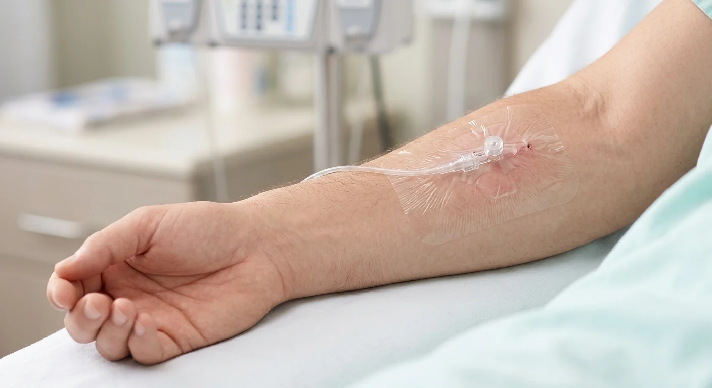 Close-up of a transparent film dressing providing a sterile barrier over a catheter insertion site.