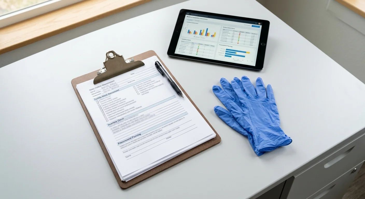 Medical procurement checklist and nitrile gloves on a desk for facility glove requirement assessment.