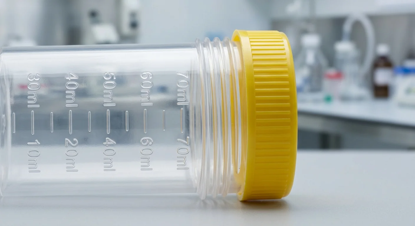 Close-up of measurement markings and leak-proof seal on a medical urine sample container for quality vetting.