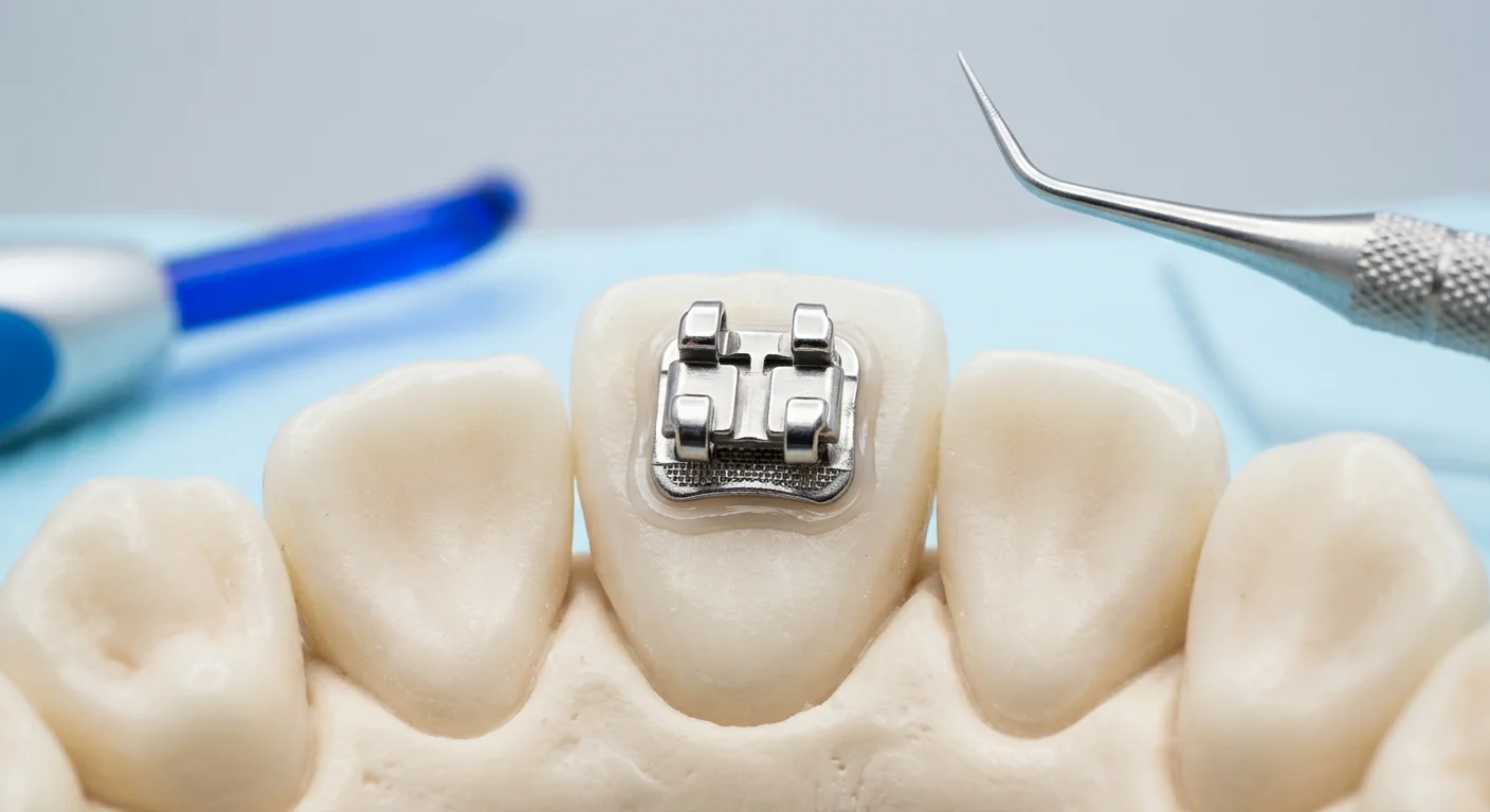 Close-up of a securely bonded orthodontic bracket illustrating reliable clinical standards for dental supplies.