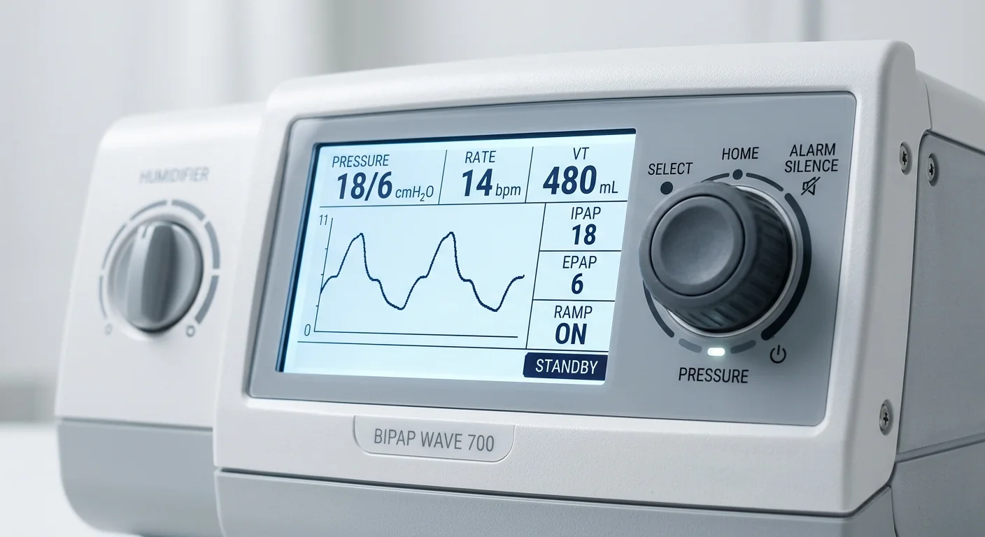 Close-up of clinical-grade BiPAP machine specifications and digital interface for medical equipment procurement.