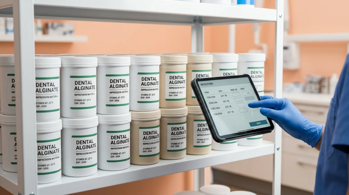 A clinician using a tablet to assess inventory levels of bulk dental impression alginate supply.