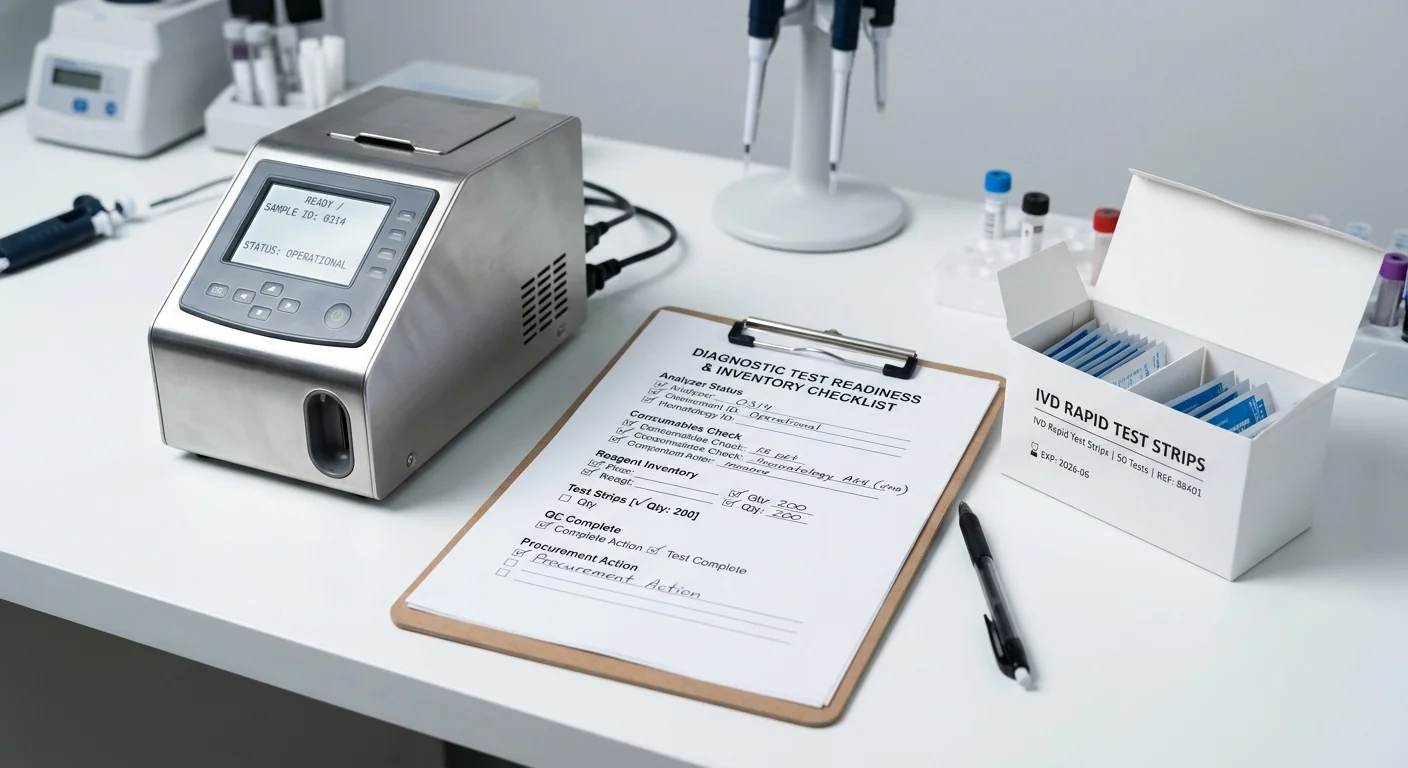 A procurement checklist next to quantitative CRP test supplies in a clinical laboratory setting.