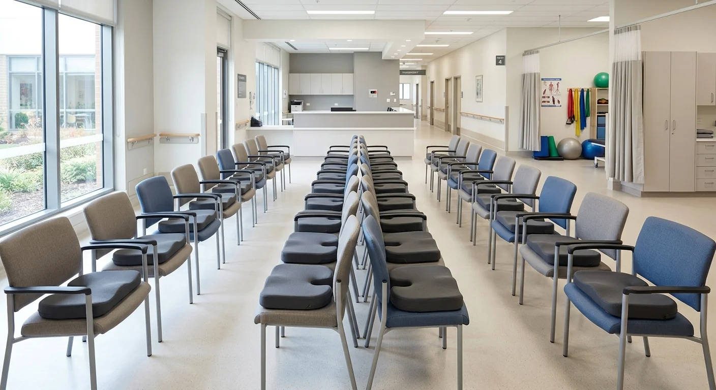 Bulk deployment of a coccyx cushion seat in a professional hospital physiotherapy department.