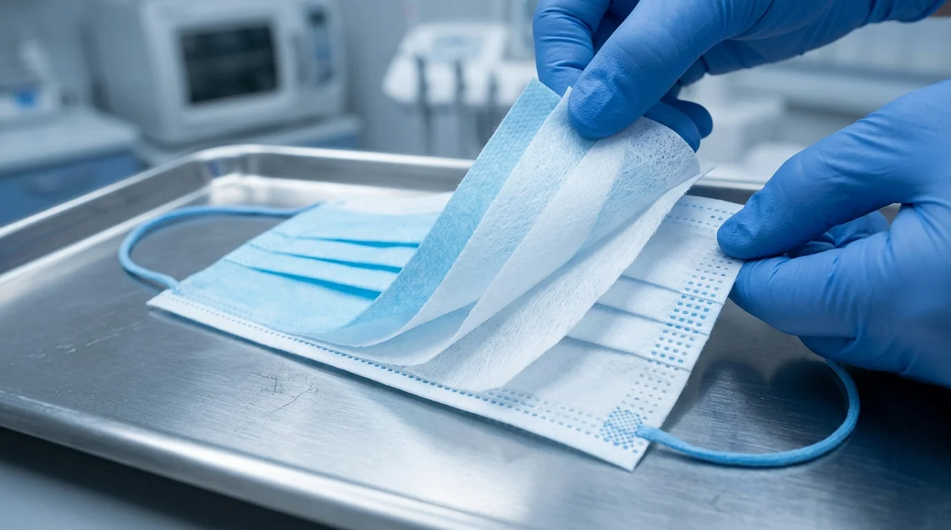 Technical specifications and layered construction of a 4-ply blue mask for dental clinical use.