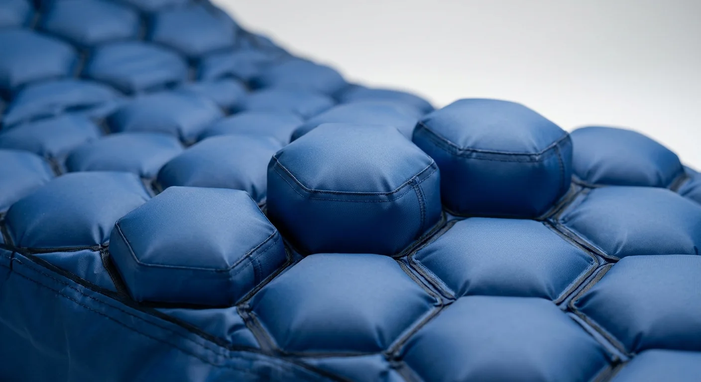 Close-up of alternating blue air cells on a hospital air mattress for pressure relief.