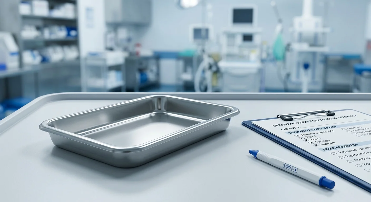 Healthcare procurement checklist alongside a durable stainless steel instrument tray in a clinical setting.